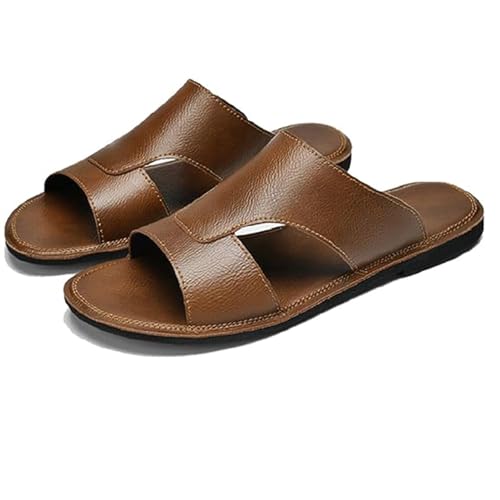 Men's Leather Perforated Sandals - Comfortable Lightweight Open-Toe Anti-Slip Slides Summer Outdoor Beach Shoes (10,Brown)