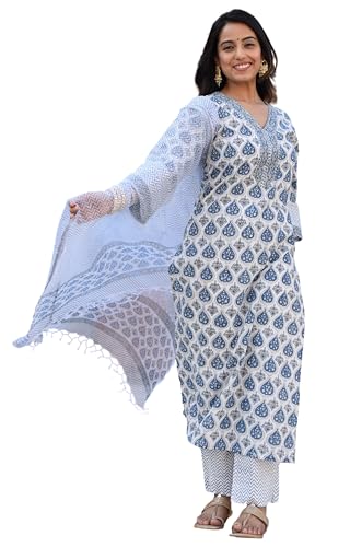 Image of Sidhidata Women's Cotton Blend Printed Kurta Pant and Dupatta Set
