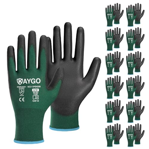 Image of KAYGO Safety Work Gloves for Men Women, PU Coated Palm & Fingers, KG11P | Smooth Grip, Breathable & Lightweight, 13-Gauge Seamless Knit, for Light Warehouse, Manufacturing, Gardening