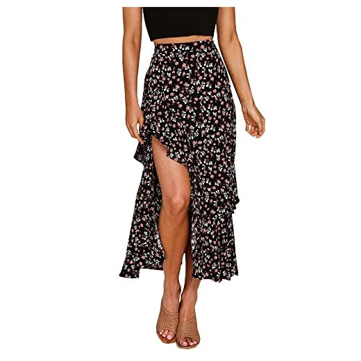 BTFBM Women 2023 Summer Spring Boho Long Skirts Dress Floral Print Elastic Waist Split Ruffle High Low Beach Maxi Skirt(Z-Black, Small)