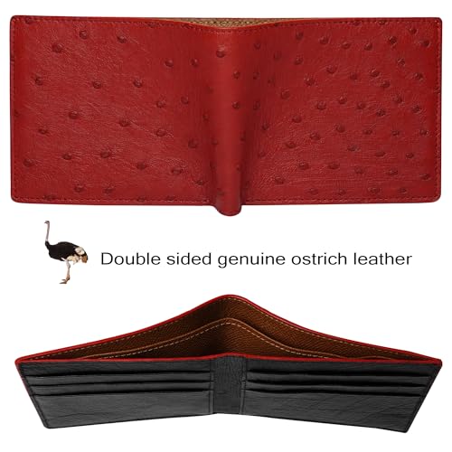 Image of HATA Red Black Ostrich Leather Bifold Wallet for Men, Double-Sided Ostrich Billfold with RFID Blocking, Handmade Leather Wallet Gift for Birthday, Anniversary, Father's Day VINAMOS-71