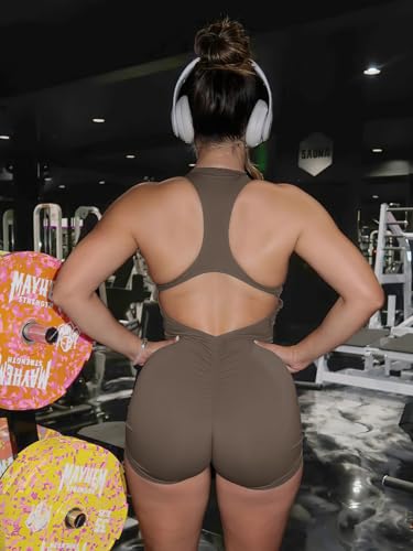 YEOREO Feminino Macacões Para Treino Com Zíper Sem Costas, Peça Única, Controle De Barriga, Sem Mang