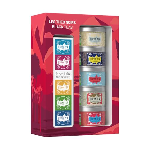 Kusmi Tea - Coffret Les Noirs + Pince à Thé - Assortiment de Thés Bio - Idée Cadeau Homme et Femme - Thé Noir Aromatisé, Earl Grey, Ceylan - Fabriqué en France - 5 Boîtes de 25g