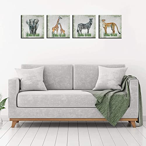 Byllyaz Wild Animals Canvas Wall Art For Bedroom Decor Retro Elephant Leopard With Green Plants Print Picture For Home Decor 4Pcs/Set 12X12 #TOP4