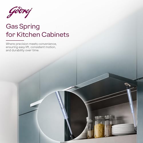 Image of Godrej Kitchen Fittings | Regular Hydraulic Gas Spring | 80N | for Kitchen Cabinets | High-Strength Steel with Chrome Plating | Multi-Angle Install | Hands-Free Door Support | Metal Clips