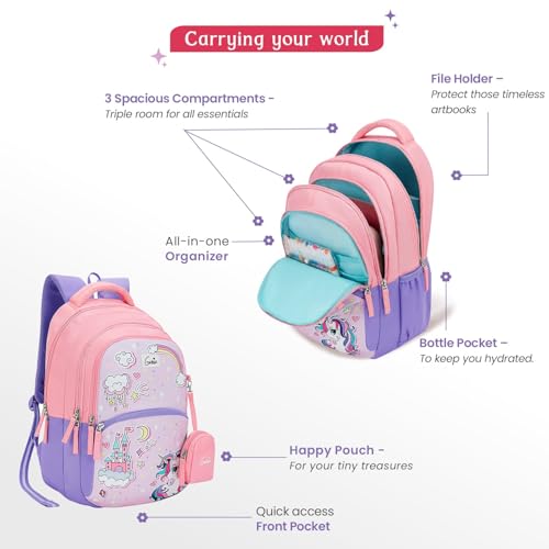 Image of Genie Backpack for Girls Laptop Sleeve, Three Compartments and Organiser with Padded Shoulders |Best for Books,Stationery,Lunch Box & Essentials
