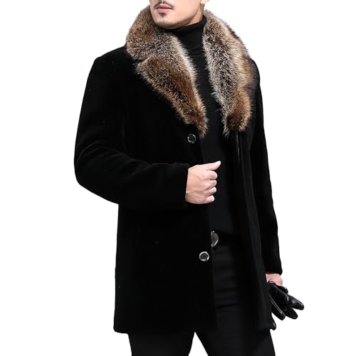 Maiyifu-GJ Men's Fur Lapel Wool Blend Coat Thicken Single Breasted Mid Trench Coat Warm Fashion Business Overcoat