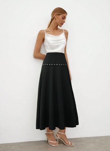 Womens Maxi A Line Elastic High Waist Skirts 2025 Trendy Eyelets Comfy Flare Long Skirts3