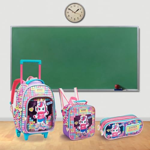 Kit Escolar Infantil Feminino C/Estampa Colorida, Mochila com Rodinhas, Lancheira Térmica e Estojo P