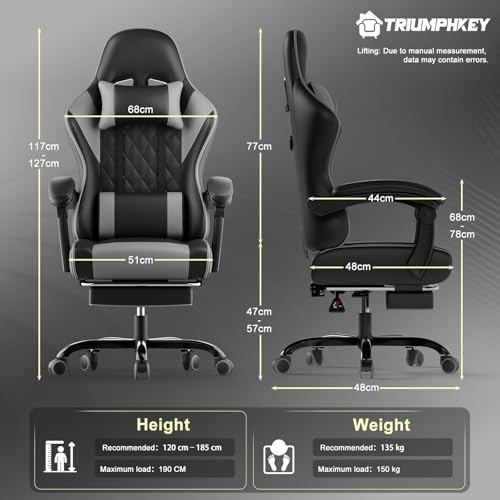 TRIUMPHKEY Gaming Chair for Adults with Footrest, Ergonomic Computer Chair with Massage Lumbar Support, Reclining Backrest, Swivel Office Gamer Chair with Headrest (Grey) - Image 4