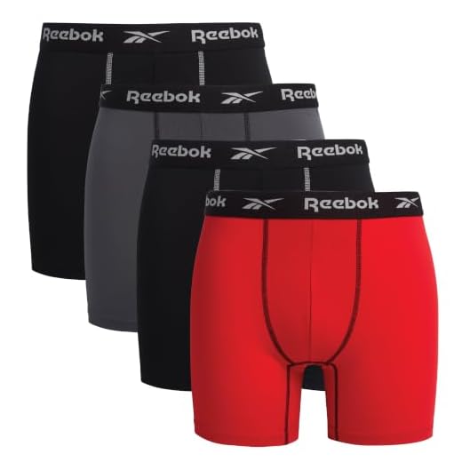 Reebok Mens Active Underwear, Performance Boxer Briefs Underpants, 4 in 1 Pack, Black/Red/Grey, Medium