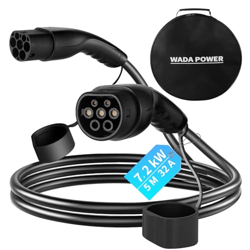 WADA POWER Cavo Ricarica Auto Elettrica Tipo 2: Cavo di Ricarica per Veicoli Elettrici 7KW 32A Monofase, Compatibile con Tutti i Modelli Tipo 2/CCS2, EV/PHEV, IEC 62196-2, 5M, Borsa Inclusa
