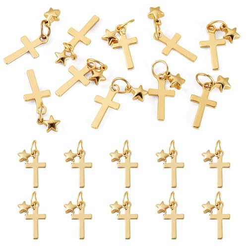 Image of 10Pcs 18K Gold Plated Cross Charms Brass Golden Crucifix with Star Pendants Permant Metal Jewelry Charms with Jump Ring for DIY Bracelet Necklace Earring Jewelry Making