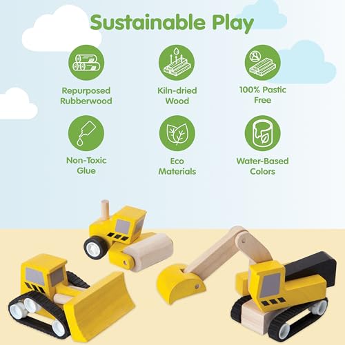 Image of PlanToys Road Construction Set Wooden Montessori Imaginative and Fine Motor Play Toy | Coordination, Creativity and Social Skill Building Activity | Eco Friendly Vehicle Set for Open Ended Play