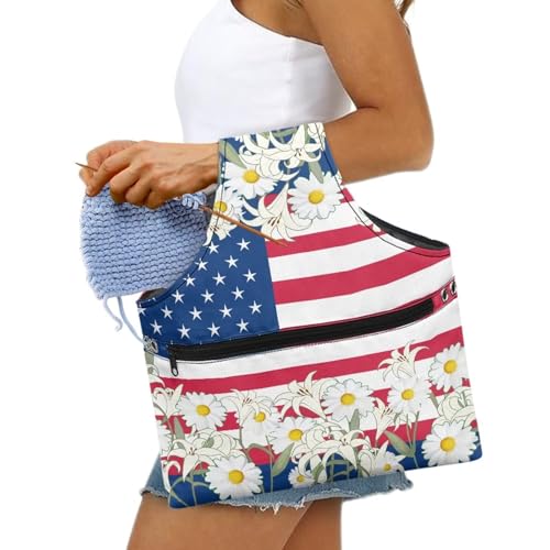 Image of KUIFORTI American Flag Yarn Bag Crochet Storage Bag Independence Day Yarn Bags for Crocheting on The Go Women Girls Anniversary Gifts for Crochet Accessories Size L