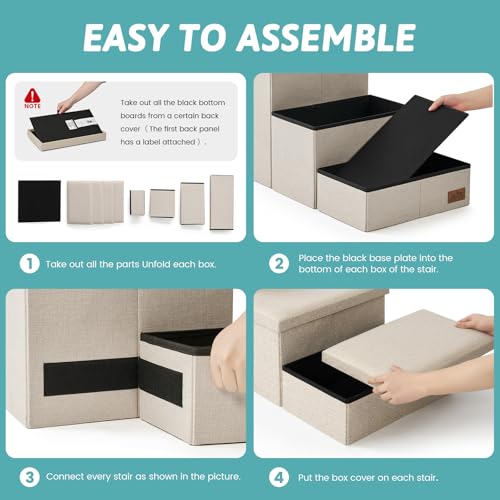 Image of Dog Stairs with Storage, 4-Step Wider Sturdy Dog Steps for Small /Medium /Large Dogs and Older Cats, Folding Doggie Ramp for Bed /Couch /Car Hold Up to 180 lbs (22 inch H, Beige)