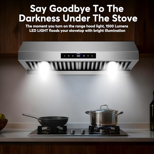 Image of TAPZI 30 Inch Under Cabinet Range Hood 1200 CFM, 4-Speed Kitchen Exhaust Fan with Touch /Gesture Control, Stainless Steel, 1500 LM LED Lighting, Easy to Clean