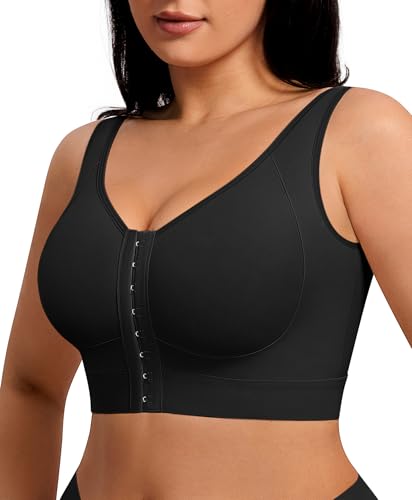 FeelinGir Front Closure Post Surgical Bra Post Surgery After Breast Augmentation Post Op Bra Wirefree Compression A-Black