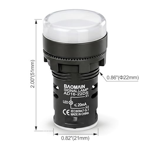 Image of BAOMAIN 22mm LED Industrial Indicator Light,110V AC Pilot Signal Lamp for Industrial Machinery Control Circuits,7 /8 inch Panel Mount, Screw Terminal,White,5-Pack