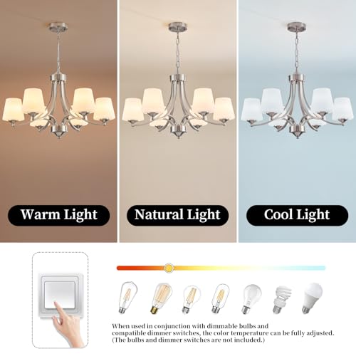 Image of 6-Light Brushed Nickel Chandeliers for Dining Room with Frosted Glass Farmhouse Silver Ceiling Hanging Lighting Fixtures Classic Pendant Lamp for Living Room,Dining Table,47.2 Height Adjustable