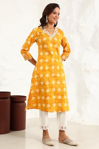 Image of W for Woman Marigold Yellow Floral Printed Metallic Embroidered Neck Cotton Blend Straight Kurta