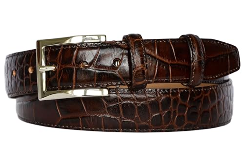 Image of Men's Italian Crocodile Embossed Leather Belt | Genuine Italian leather. Refined crocodile embossed texture. 35mm (1.38 inch) dress width. Handmade in Italy. Gift boxed.