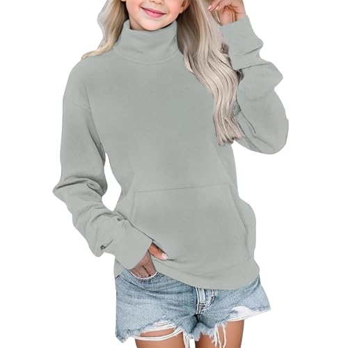 Kids Girls High Collar Pullovers Solid Color Long Sleeve Kangaroo Pocket Casual Sweatshirts Fall Warmth Thickened Tops