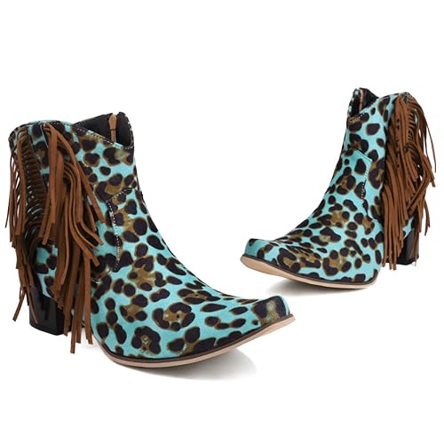 Caradise Womens Tassel Fringe Cowboy Boots Faux Suede Chunky High Heel Ankle Boots3