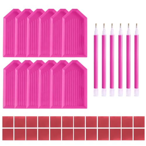 LYMUSUMI 42PCS 5D Diamond Art Painting Tools and Accessories Kits with 12 Diamond Art Painting Trays 24pcs Glue Clay 6 Diamond Art Painting Pens(Pink)
