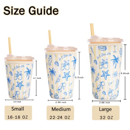 Image of Reusable Insulated Sleeve for Iced Coffee Cup, Coffee Neoprene Sleeve for Cold & Hot Drinks, Beverage Holder for Iced Coffee (Coastal Blue, Small: 16-18oz)