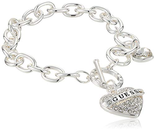 GUESS Women's Silvertone Chain Toggle Dangle Heart Charm Bracelet