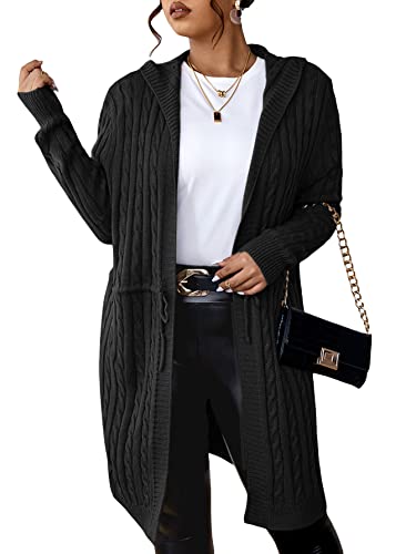 Image of WDIRARA Women's Plus Size Drawstring Waist Long Sleeve Hooded Cable Knit Cardigan Sweater Black 3XL