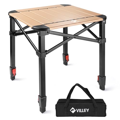 VILLEY Folding Camping Square Table with Carry Bag, Lightweight Aluminum Adjustable Square Table for Outdoor, Camping, Picnic, Backyards, BBQ (S) Gold