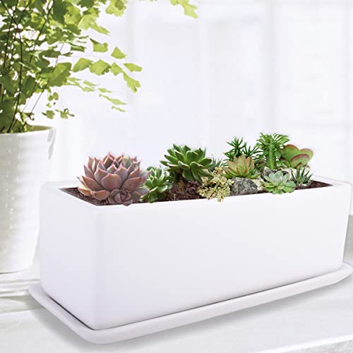 Vencer 12 Inch Rectangular Modern Minimalist Ceramic Succulent Planter Pot - Window Box With Saucer,Office Desktop Potted Stand,White,Vf-0135 #TOP6