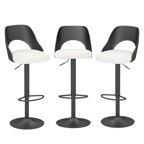 HENGJIANYI Modern Barstools Set of 3, Height Adjustable Swivel Counter Bar Stool with Hollowed-Out Black Back, Upholstered Bar Chair with Black Metal Base Footrest, White Seat