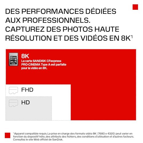 SanDisk CFexpress Pro Cinema Type A Carte 960 Go Jusqu’à 1800 Mo/ en Lecture Jusqu’à 1650 Mo/ en écriture 4K 6K 8K VPG200 - vue 4