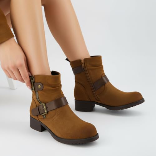 Image of Dunes Max Motorcycle Womens Ankle Boots - Comfortable Booties for Women with Zipper & Buckle, Combat Boots Style, Memory Foam, Wide Width Options