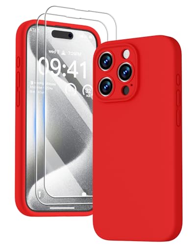 GOODVISH for iPhone 15 Pro Case Silicone with HD Screen Protectors X2, Red