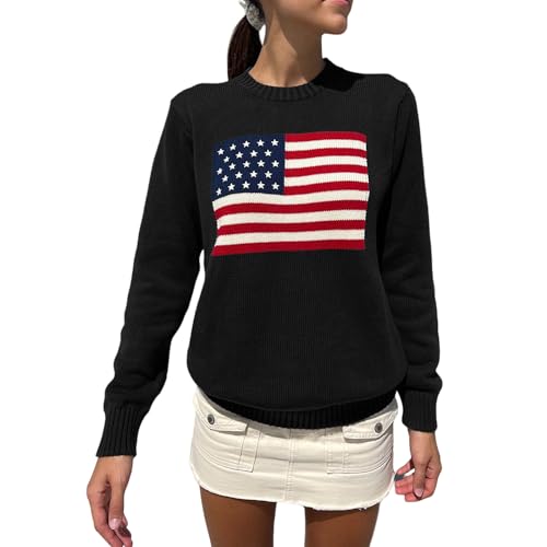 Image of Womens American Flag Sweater Long Sleeve Crew Neck Star Graphic Knit Pullover Tops Casual Loose USA Sweater