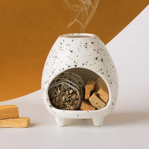 Bruciatore per incenso Palo Santo, realizzato a mano, in ceramica, per bastoncini di Palo Santo o fasci di salvia, ciotola per sbavature, decorazione per la casa per meditazione (bianco maculato)
