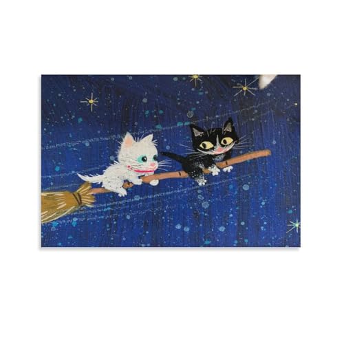 画家 渡辺あきお イラスト 水彩画 ほうきに乗った猫 ポスター 部屋飾り キャンバスウォール 壁の絵 壁掛け ホームアートワーク08x12inch(20x30cm)