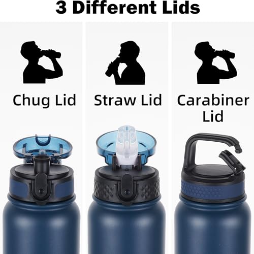 Oldley Botella de Agua Aislada 20oz Botellas con Pajilla, Botella de Acero Inoxidable con 3 Tapas, Botellas de Pared Doble al Vacío para Adultos y Niños, Botellas Deportivas para Escuela y Viaje, Azul-negro miniatura 2