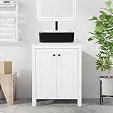 Puluomis 24 Inches Traditional Bathroom Vanity Set in White Finish, Single Bathroom Vanity with Marble Texture Top, Black and White Ceramic Sink Top with Single Faucet Hole
