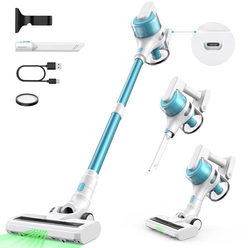 SINCHEREU Cordless Vacuum Cleaner, Hoover Cordless Cleaner with Type-C Charging Port, 6 in 1 | Lightweight | Anti-Tangle Brush | LED Lighting | 45Mins 300W, Stick Hoover for Hard Floors, Pet Hair, Car