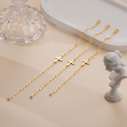 14K Gold Bracelets for Women Gold Chain Bracelets for Women Paperclip Bracelet for Womens Sleek Lines with Cross Element Womens Cross Bracelet 6.7/7.5/8.3 inches4