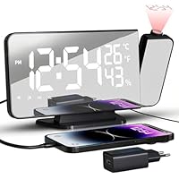 TAKRINK Sveglia con Proiettore, 7.5" Radio Sveglia Digitale da Comodino con Proiettore con Rotazione di 180 ° Luminosità Regolabile con Temperatura Umidità, Display LED Bianco