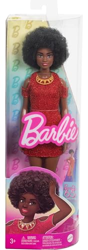 Image of Barbie Fashionistas Doll #221 with Natural Black Hair Wearing Removable Red Dress & Accessories, 65th Anniversary Collectible Toy