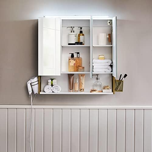 VASAGLE Bathroom Mirror Cabinet, Wall Cabinet with LED Light, 3-Door Wardrobe, with Adjustable Shelf, Hairdryer Holder, Storage Basket, Modern Chic Style, White and Gold BBK125A10