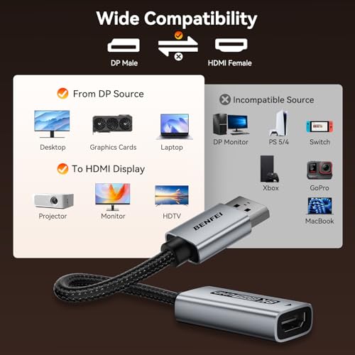 BENFEI DisplayPort 1.4 to HDMI 2.1 Adapter 8K@60Hz/4K@240Hz/1080P@480Hz, Unidirectional DP Computer to HDMI Monitor, High-Spec Aluminum Converter for VRR/G-SYNC/FreeSync, Gamers & Professionals - Image 7