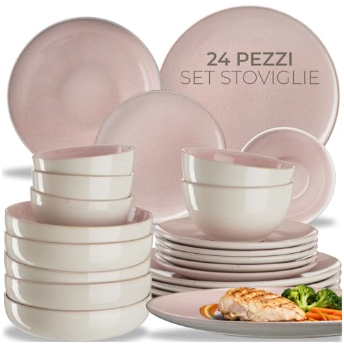 tectake® Set stoviglie 24 pezzi terracotta, servizio piatti 6 persone, set piatti moderni grandi, piccoli, fondi, ciotole, gres smaltato, design moderno, adatto lavastoviglie microonde - Rosa